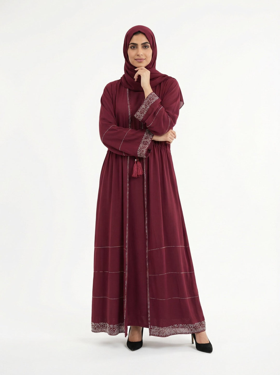 Maroon Front Open Abaya with Tassel Detail - Abaya Elegance