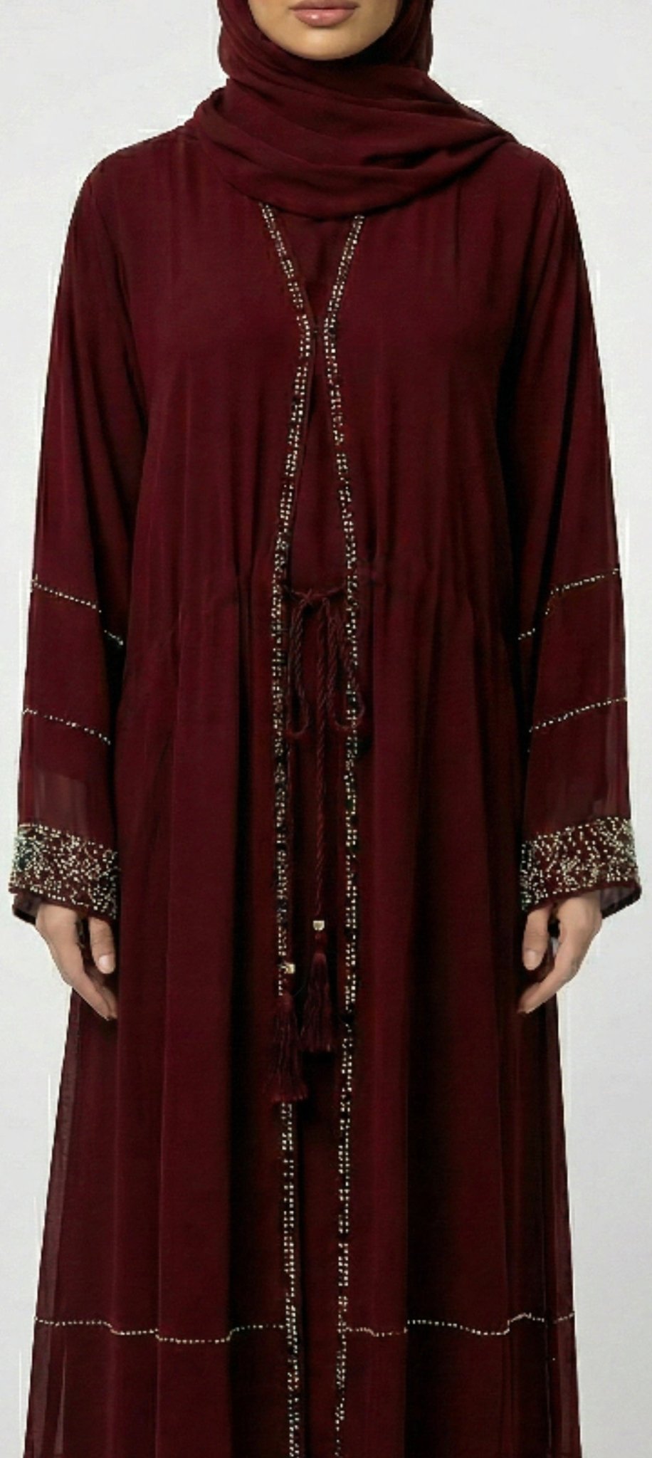 Maroon Front Open Abaya with Tassel Detail - Abaya Elegance