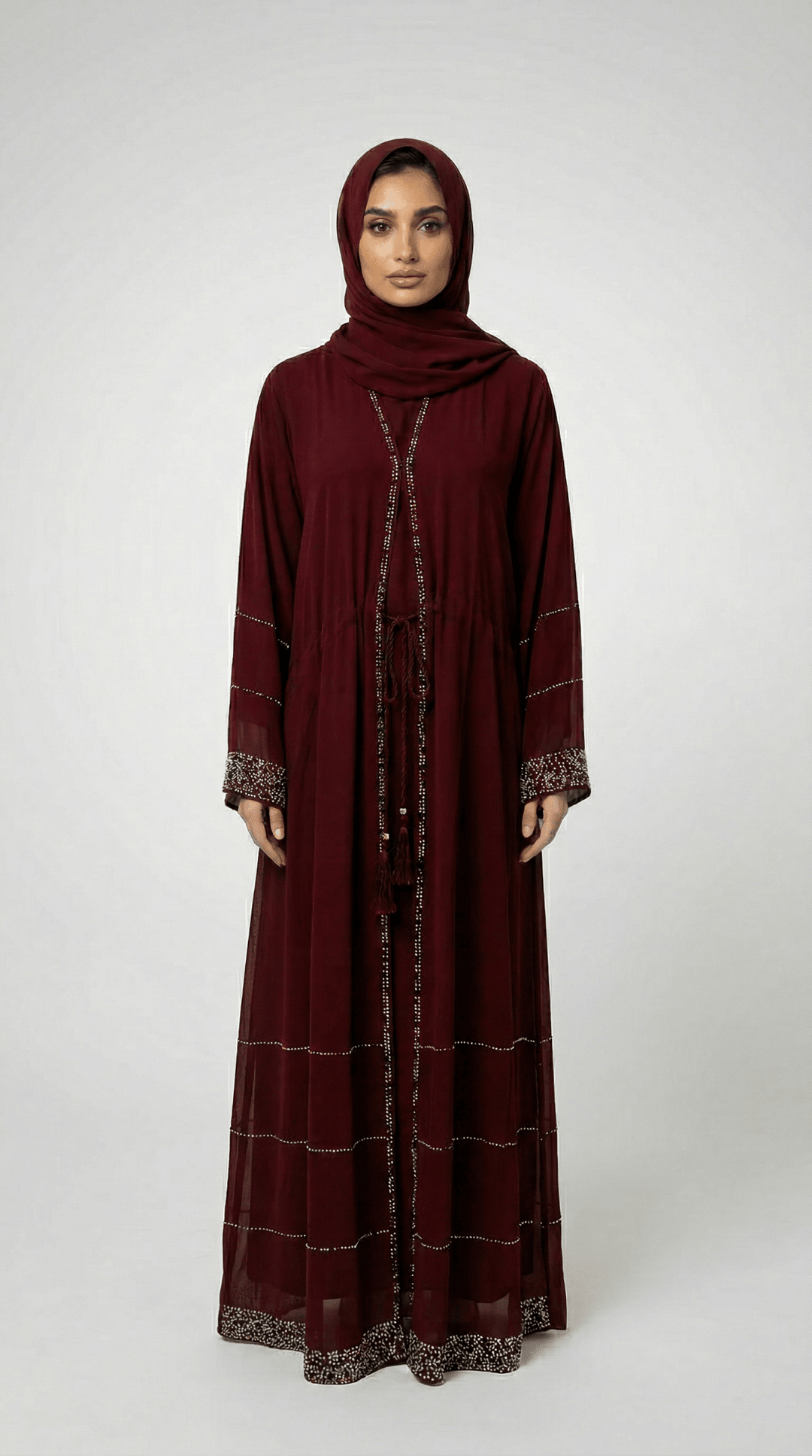 Maroon Front Open Abaya with Tassel Detail - Abaya Elegance