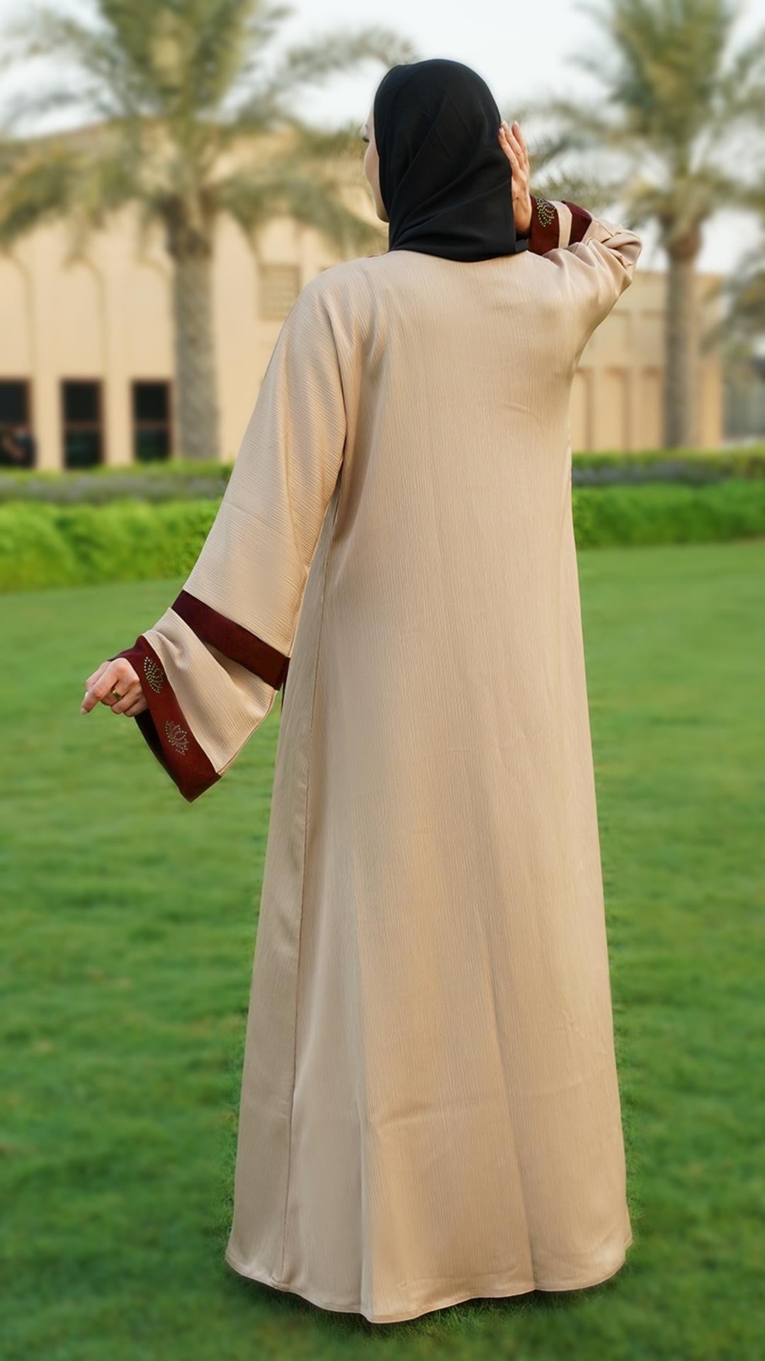 Masha Crepe Dark Maroon Abaya With an Attached Cream Shrug - Abaya Elegance
