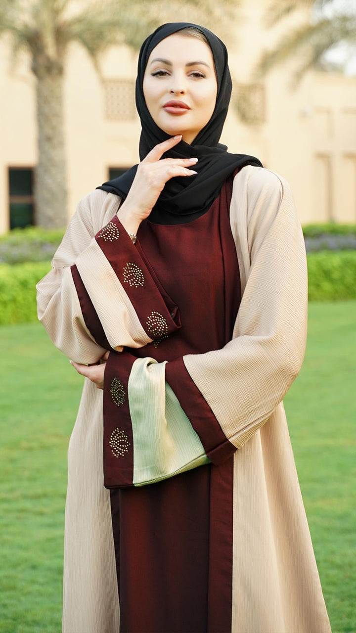 Masha Crepe Dark Maroon Abaya With an Attached Cream Shrug - Abaya Elegance