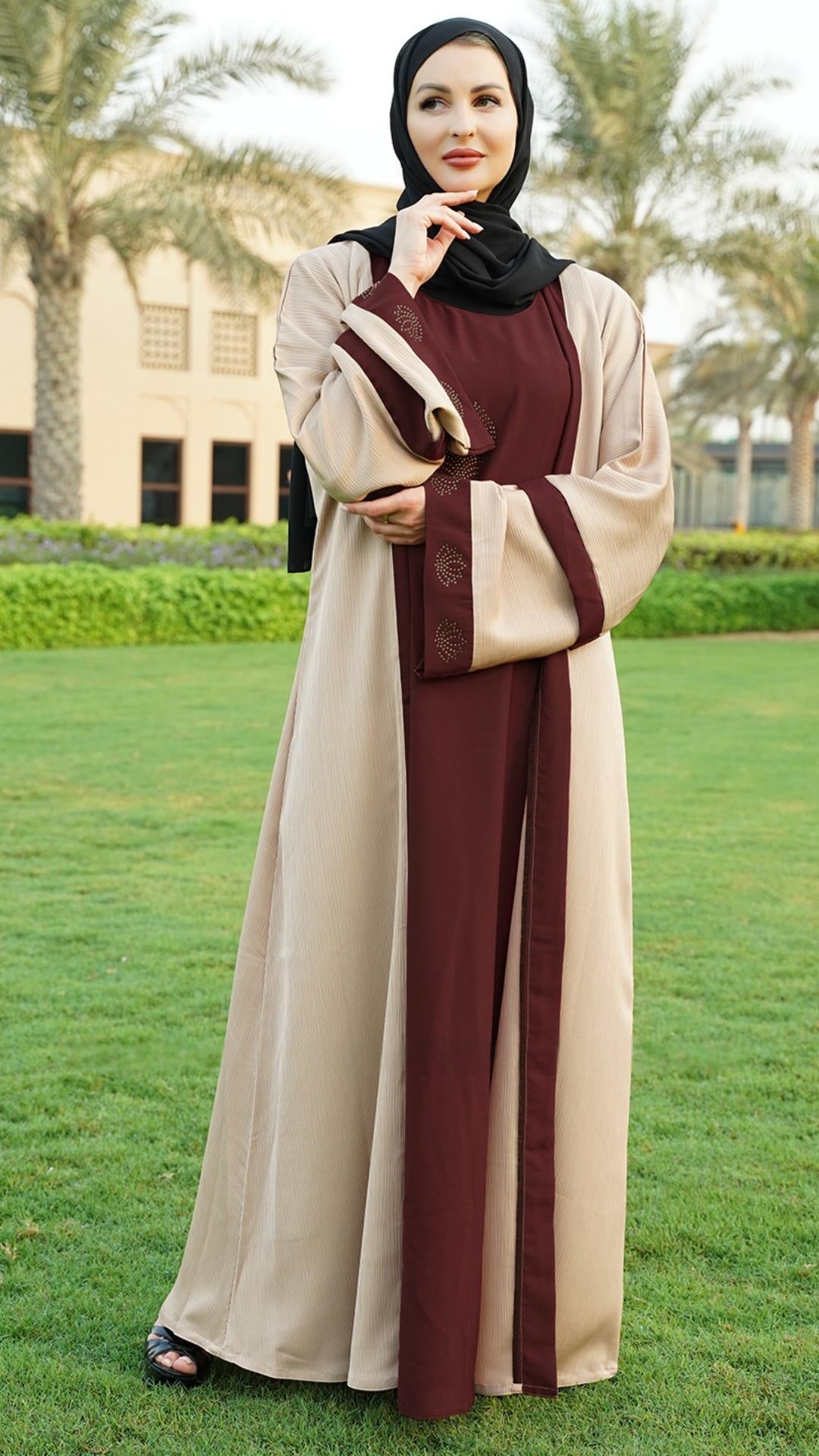 Masha Crepe Dark Maroon Abaya With an Attached Cream Shrug - Abaya Elegance
