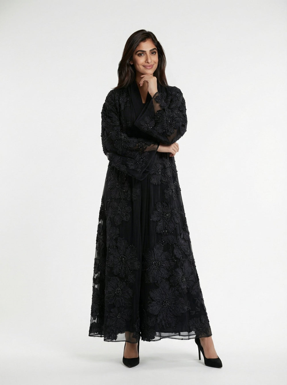 Midnight Blossom Embellished Open Abaya - Abaya Elegance