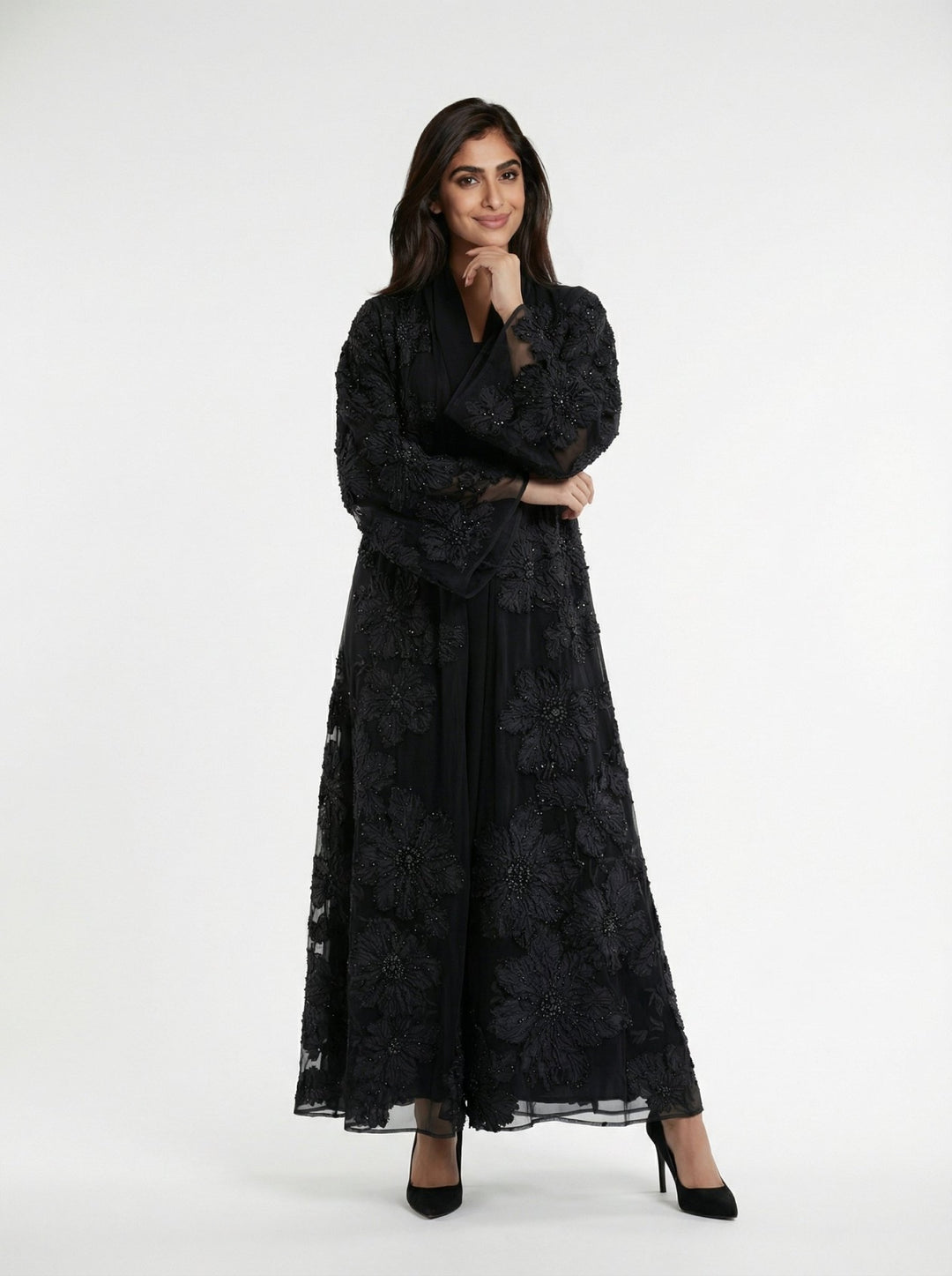 Midnight Blossom Embellished Open Abaya - Abaya Elegance