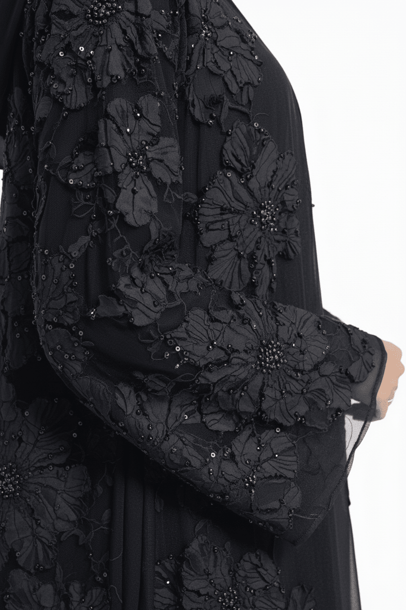 Midnight Blossom Embellished Open Abaya - Abaya Elegance