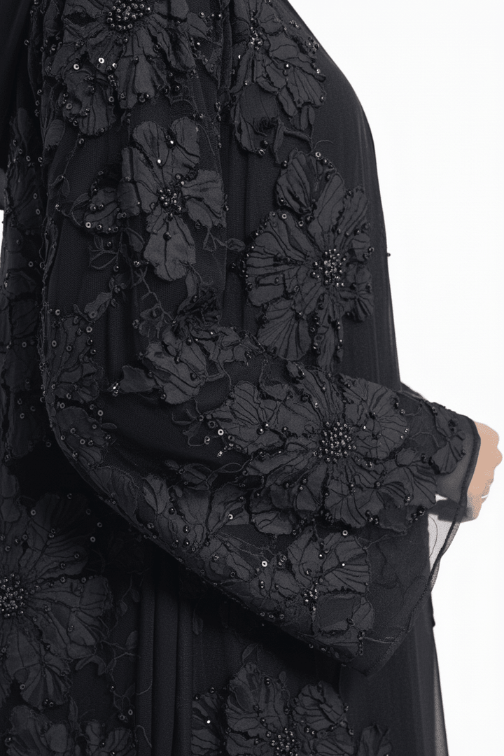 Midnight Blossom Embellished Open Abaya - Abaya Elegance