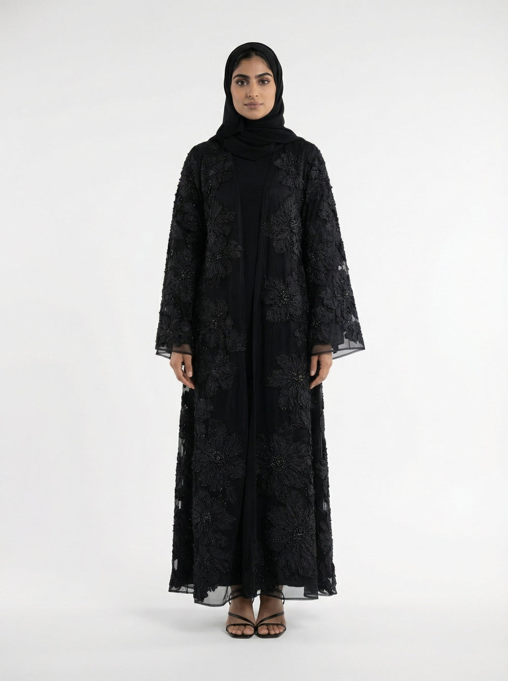 Midnight Blossom Embellished Open Abaya - Abaya Elegance