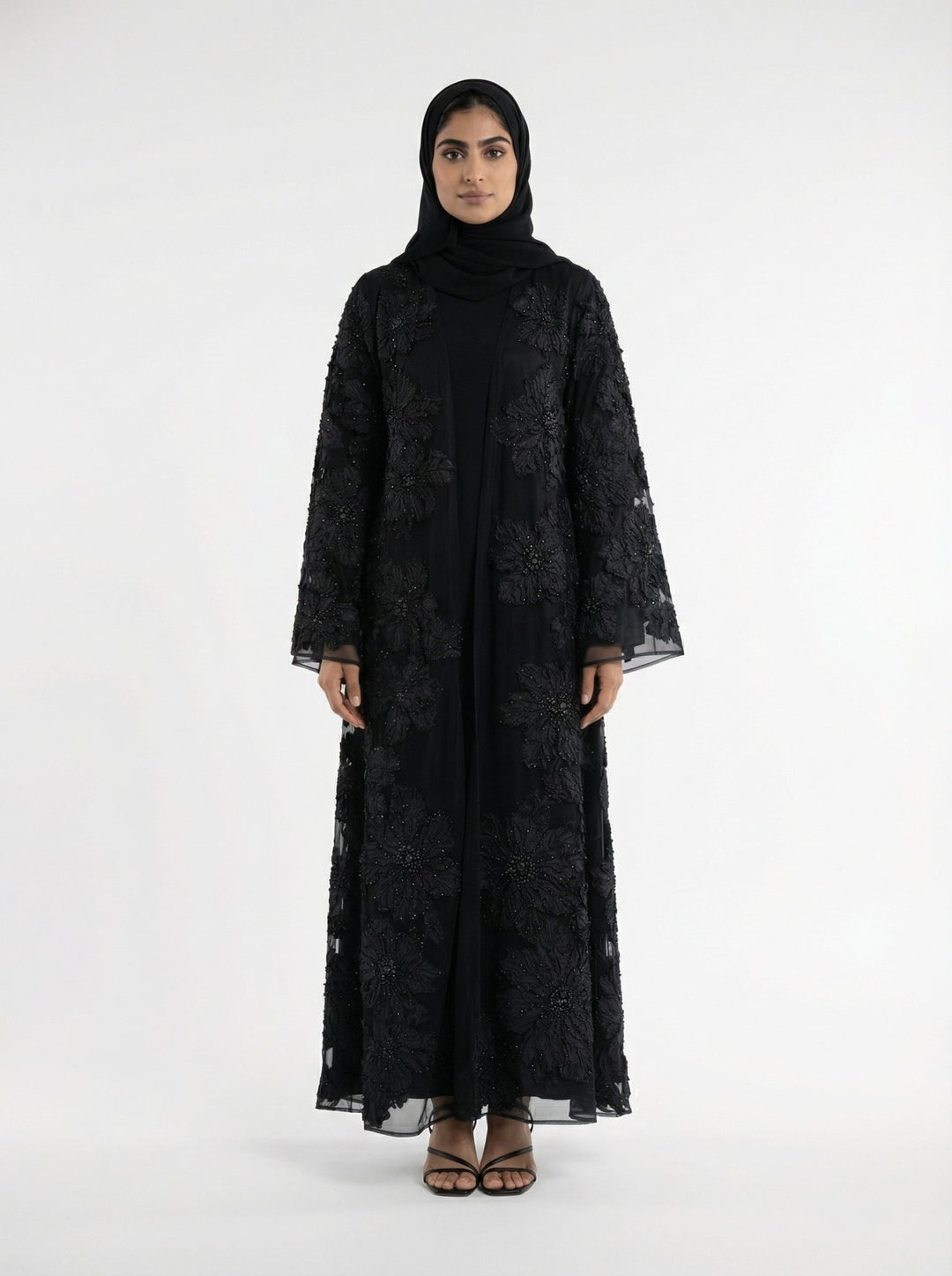 Midnight Blossom Embellished Open Abaya - Abaya Elegance