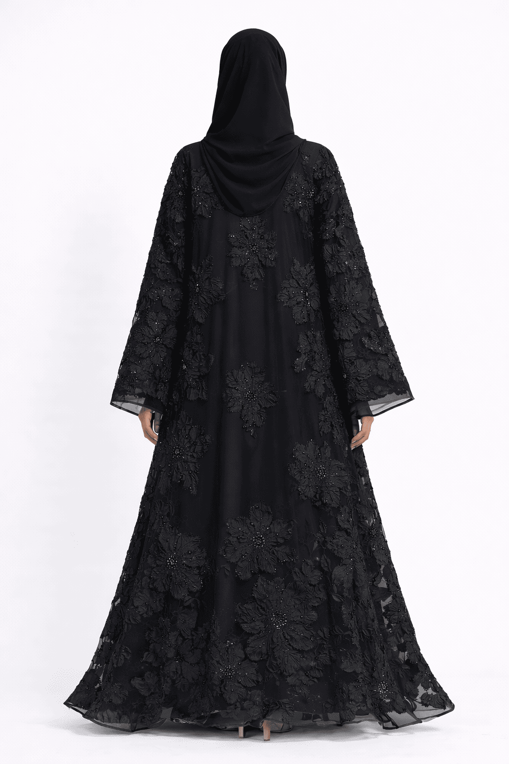 Midnight Blossom Embellished Open Abaya - Abaya Elegance