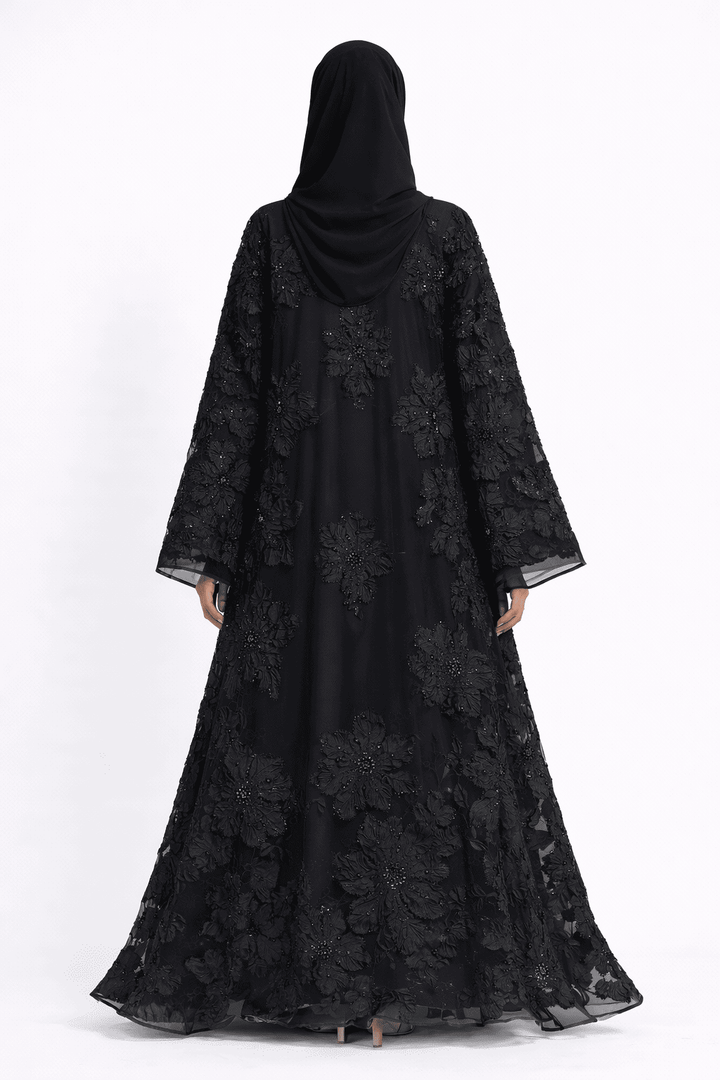 Midnight Blossom Embellished Open Abaya - Abaya Elegance