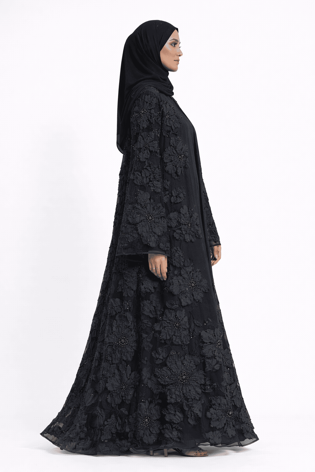 Midnight Blossom Embellished Open Abaya - Abaya Elegance
