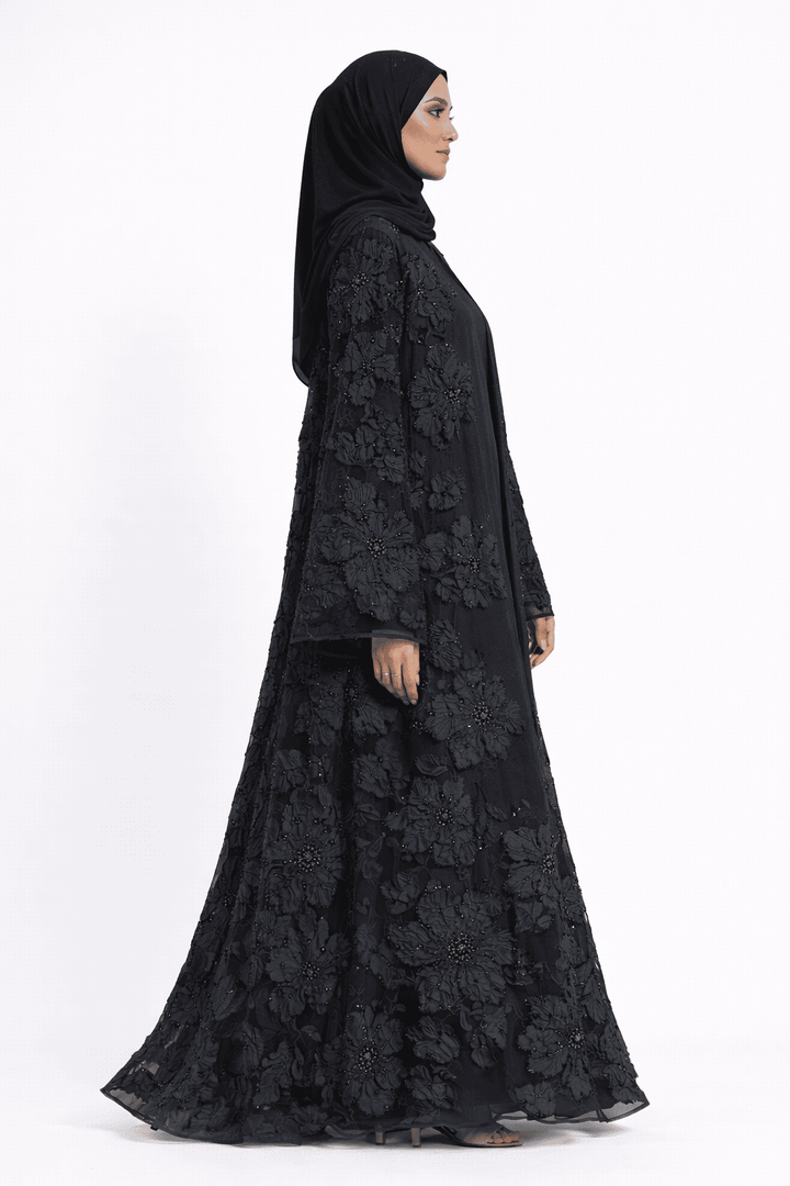 Midnight Blossom Embellished Open Abaya - Abaya Elegance