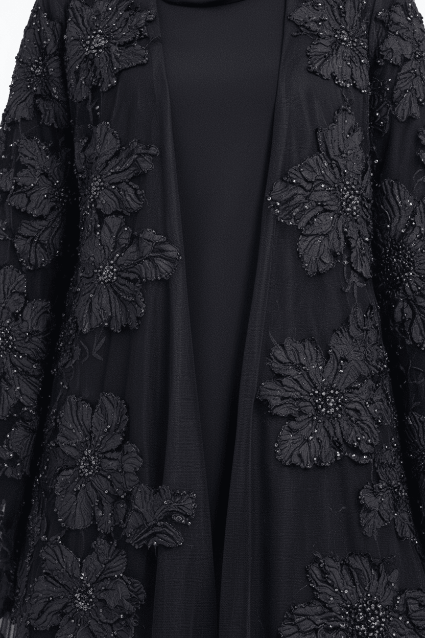 Midnight Blossom Embellished Open Abaya - Abaya Elegance