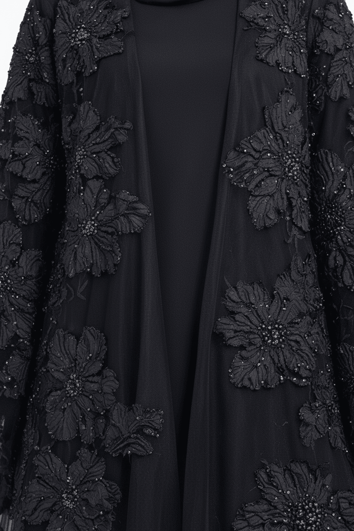 Midnight Blossom Embellished Open Abaya - Abaya Elegance