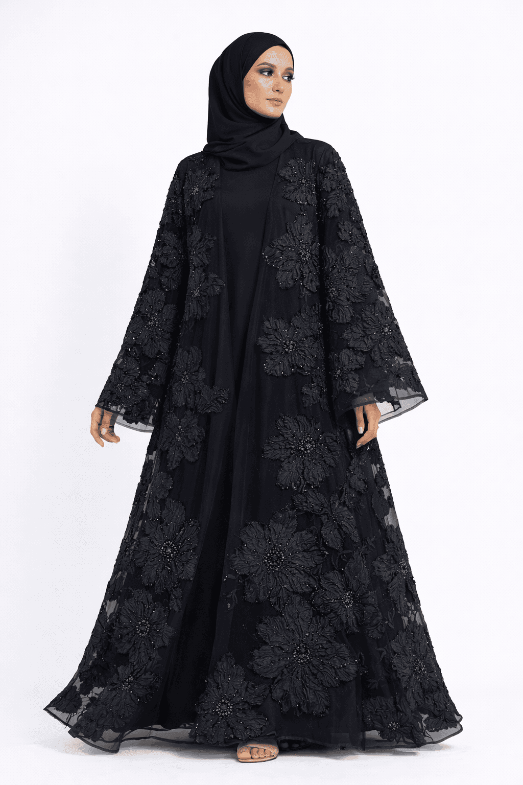 Midnight Blossom Embellished Open Abaya - Abaya Elegance
