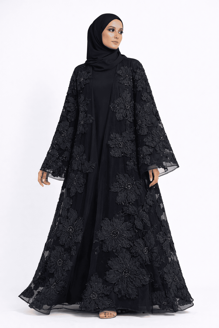 Midnight Blossom Embellished Open Abaya - Abaya Elegance