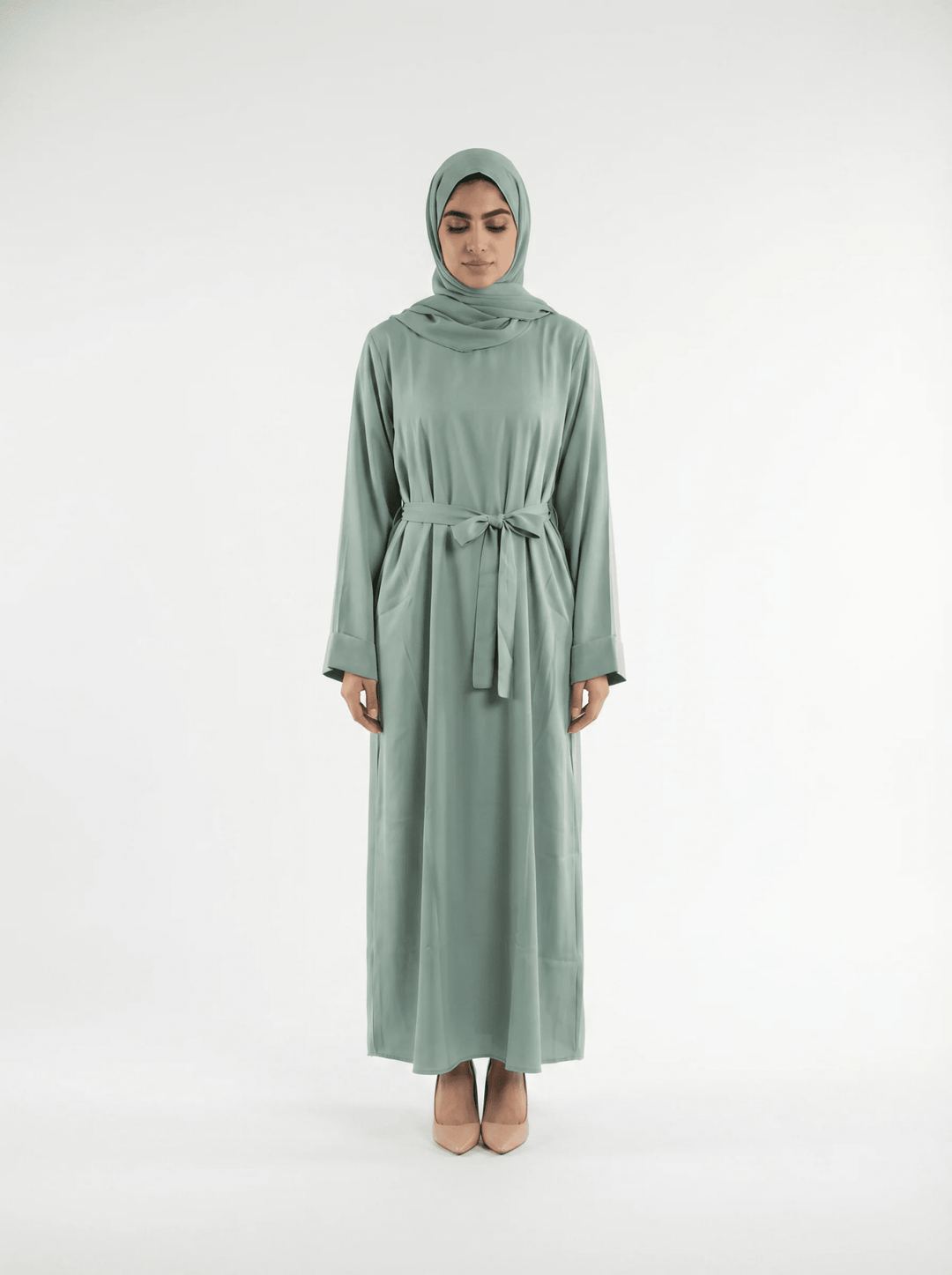 Mint Flow Elegance – Belted 3-Piece Abaya Set