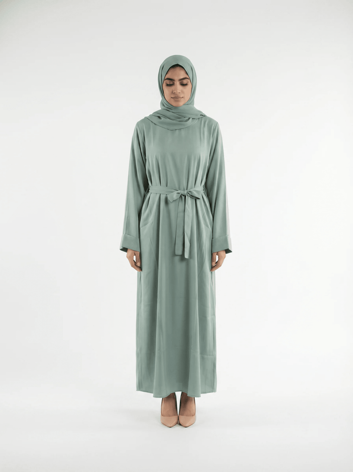 Mint Flow Elegance – Belted 3-Piece Abaya Set