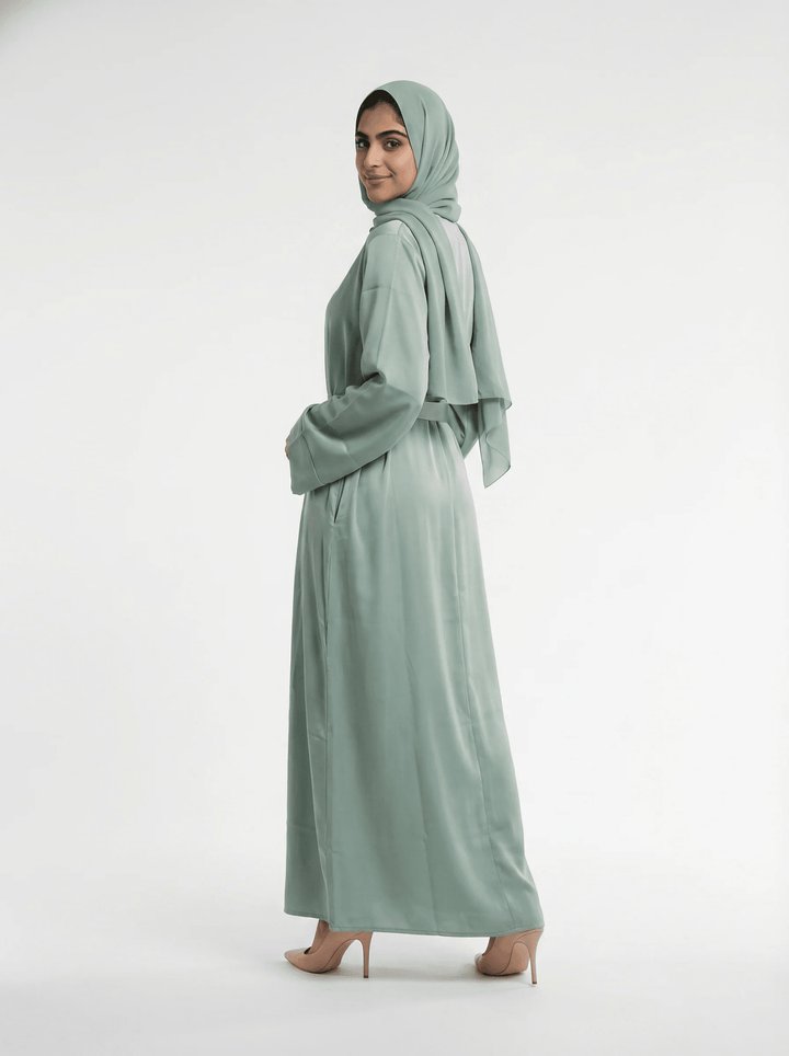 Mint Flow Elegance – Belted 3-Piece Abaya Set