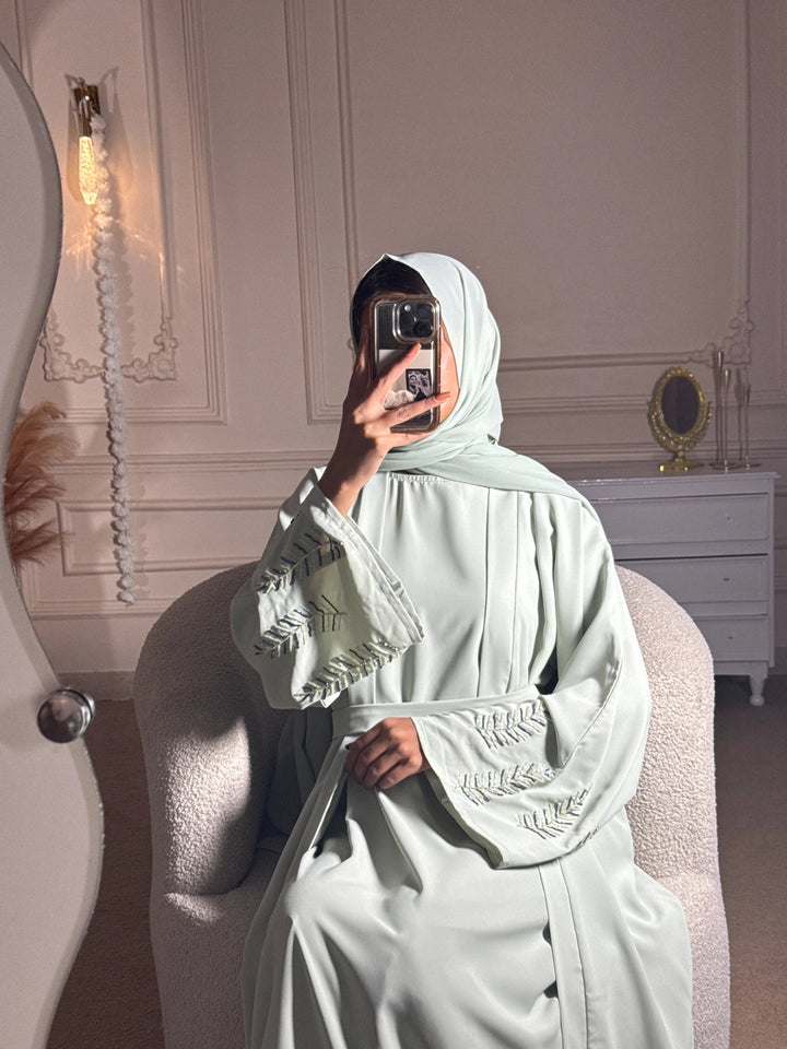 Mint Green Belted Abaya with Embroidered Sleeves 4 pcs - Abaya Elegance