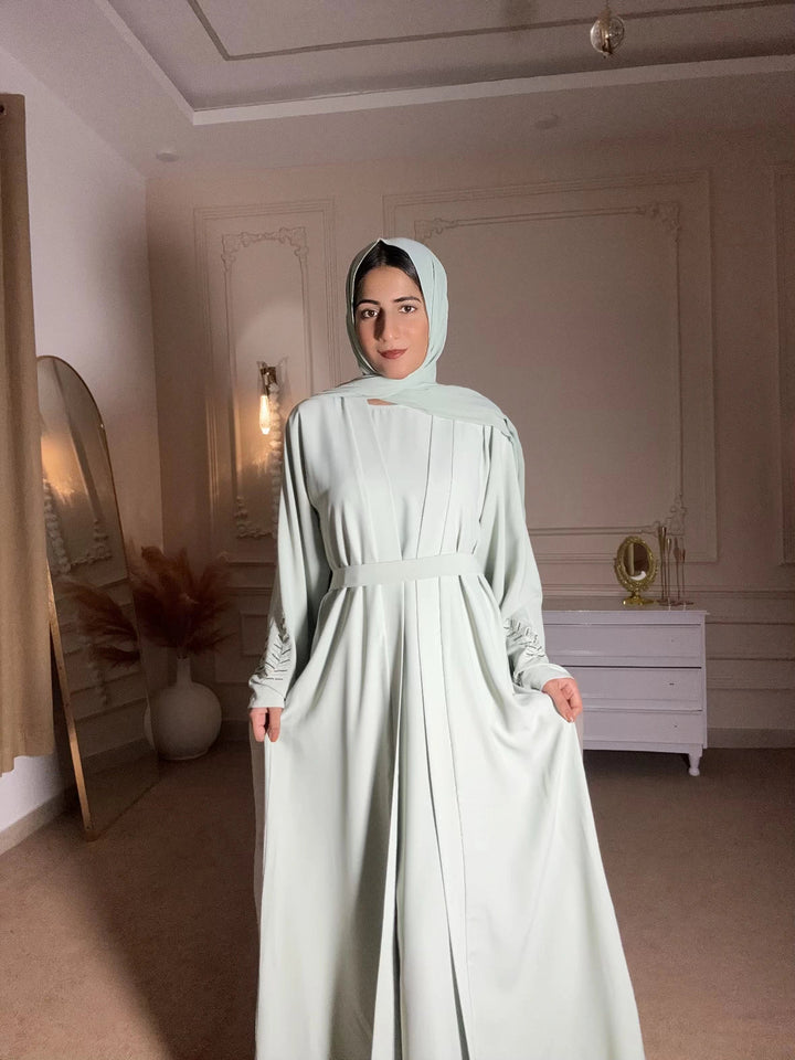 Mint Green Belted Abaya with Embroidered Sleeves 4 pcs - Abaya Elegance