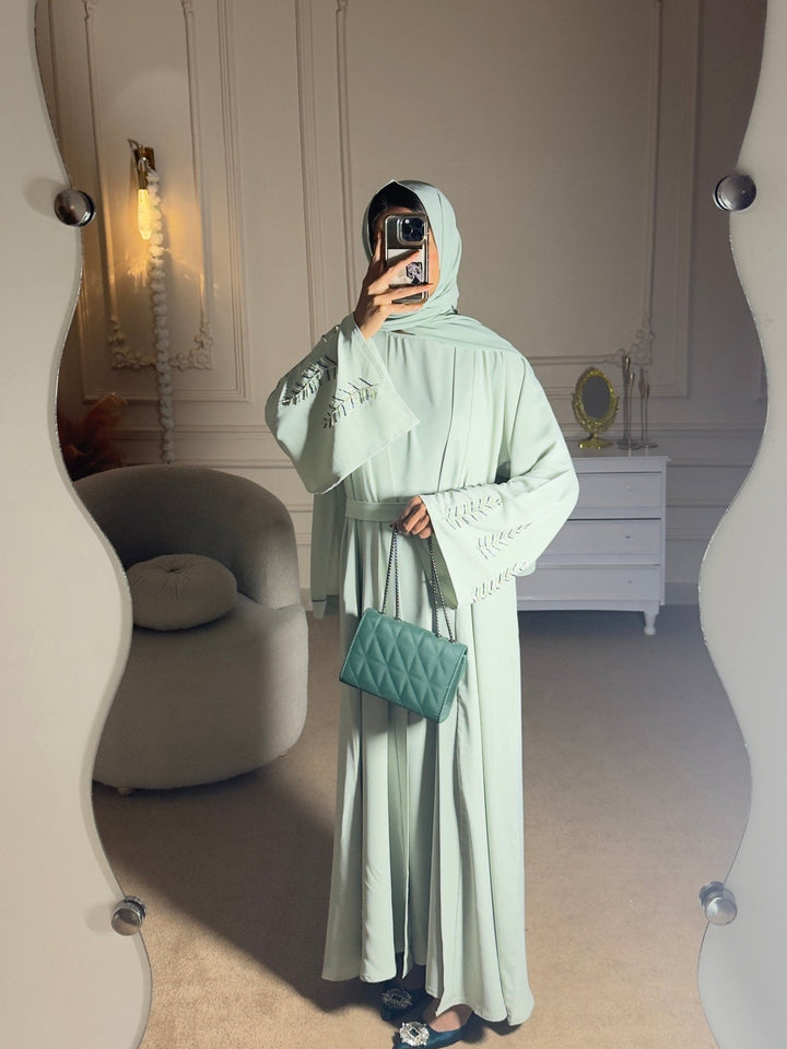 Mint Green Belted Abaya with Embroidered Sleeves 4 pcs - Abaya Elegance