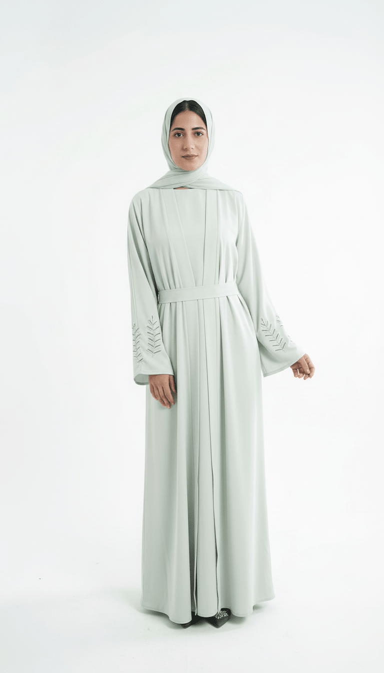 Mint Green Belted Abaya with Embroidered Sleeves - Abaya Elegance