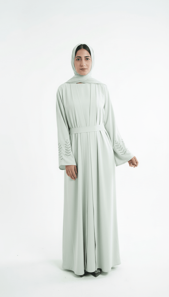 Mint Green Belted Abaya with Embroidered Sleeves - Abaya Elegance