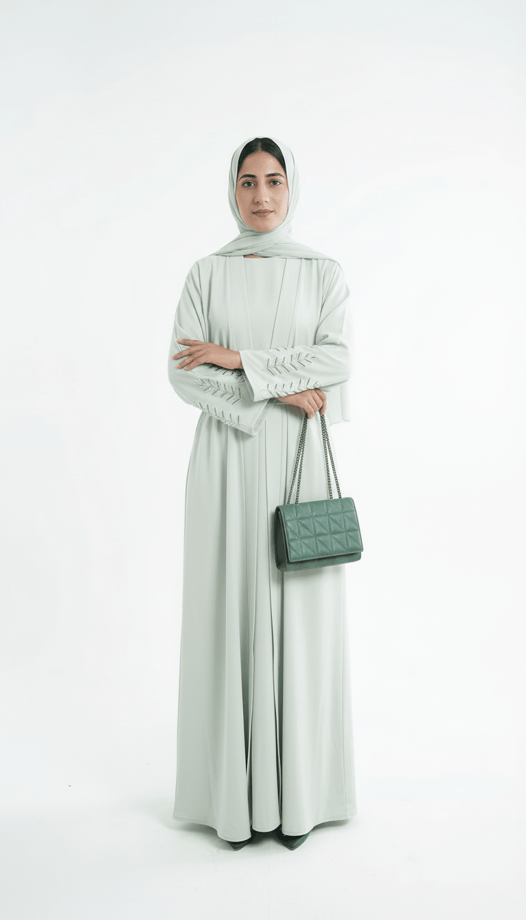 Mint Green Belted Abaya with Embroidered Sleeves - Abaya Elegance
