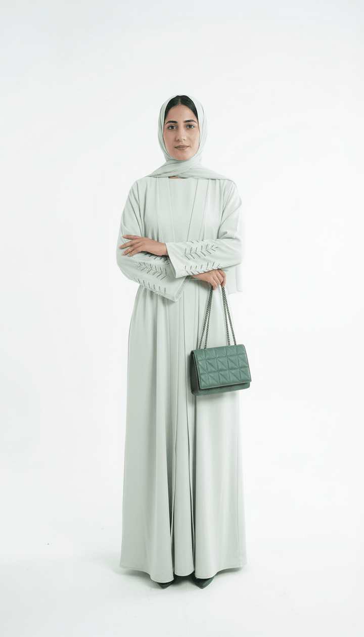 Mint Green Belted Abaya with Embroidered Sleeves - Abaya Elegance