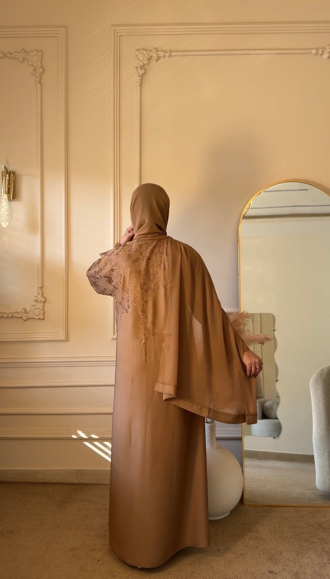 Mocha Brown Embroidered Belted Abaya - Abaya Elegance