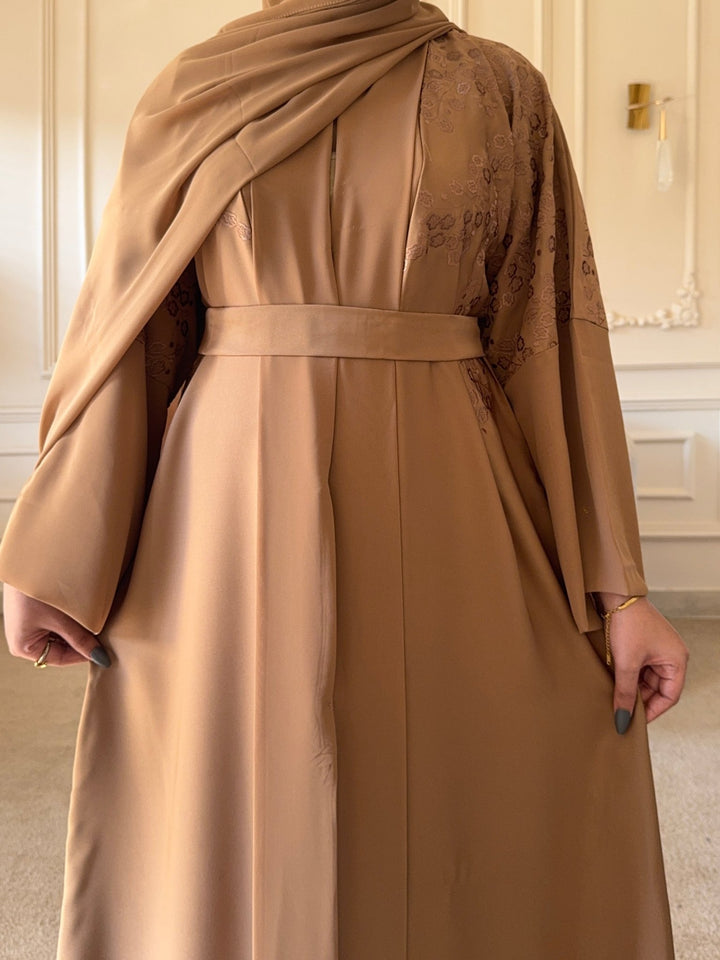 Mocha Brown Embroidered Belted Abaya - Abaya Elegance