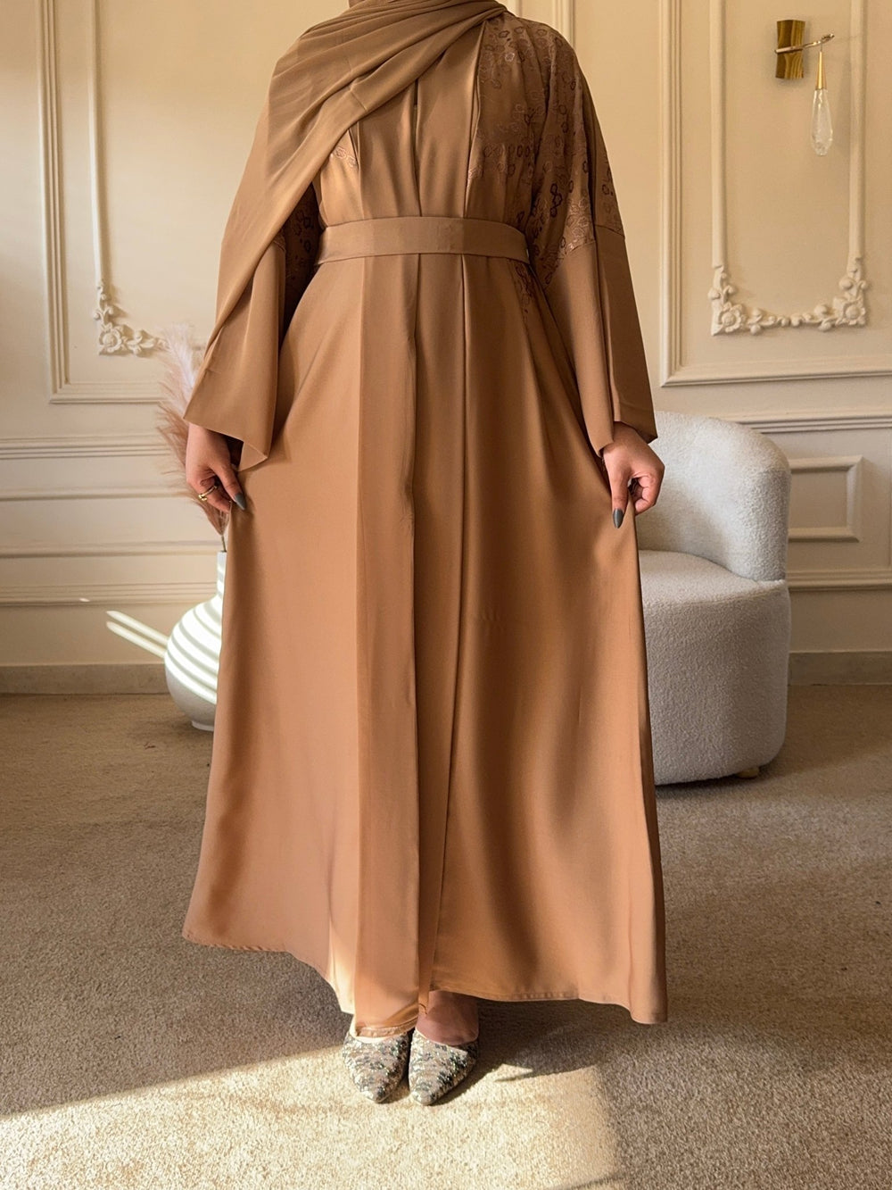 Mocha Brown Embroidered Belted Abaya - Abaya Elegance