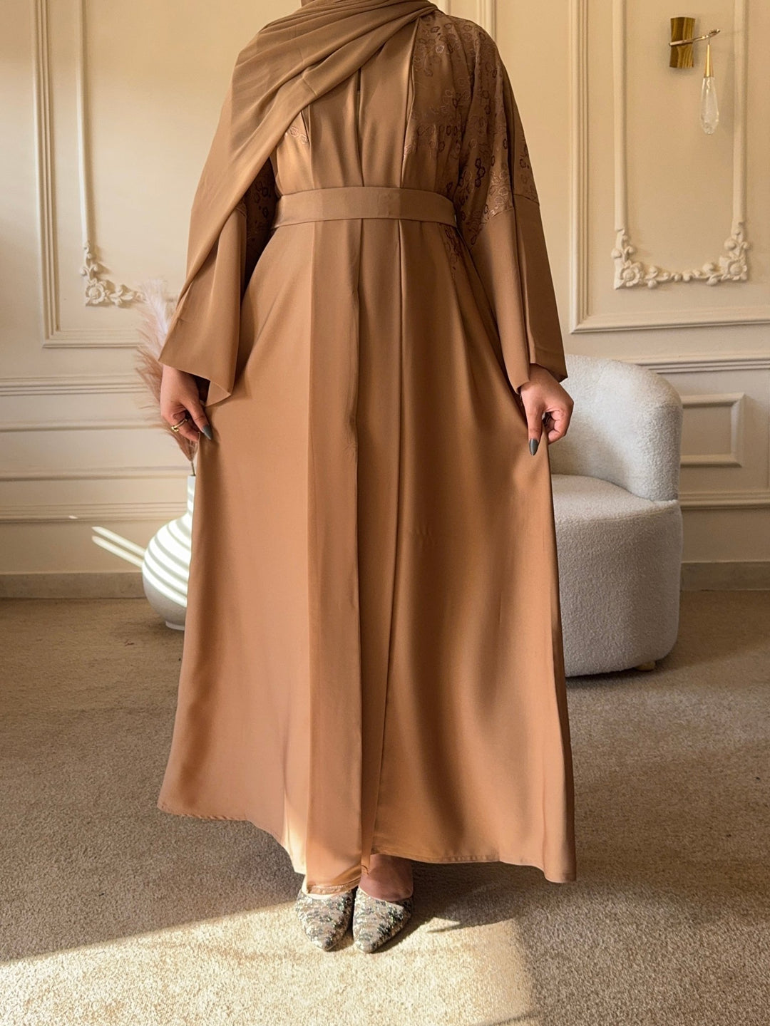 Mocha Brown Embroidered Belted Abaya - Abaya Elegance