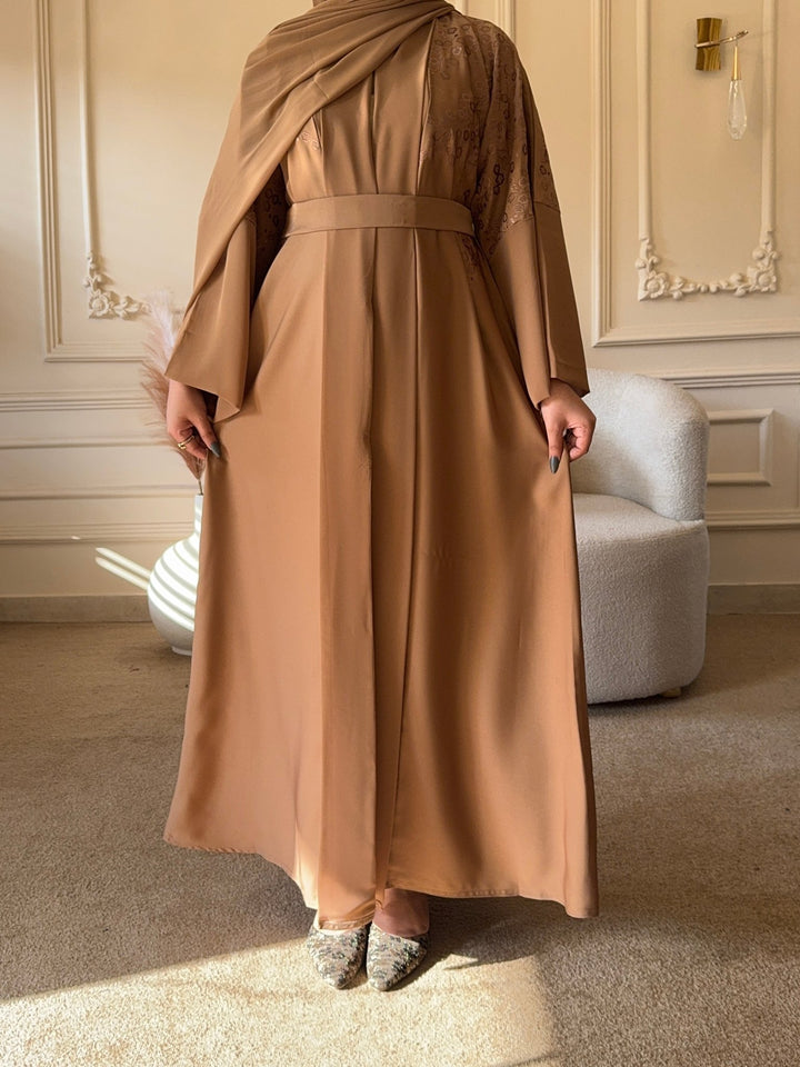 Mocha Brown Embroidered Belted Abaya - Abaya Elegance