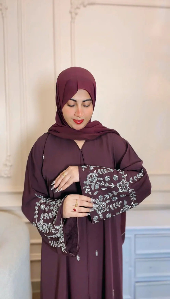 Plum Embroidered Front Open Abaya - Abaya Elegance