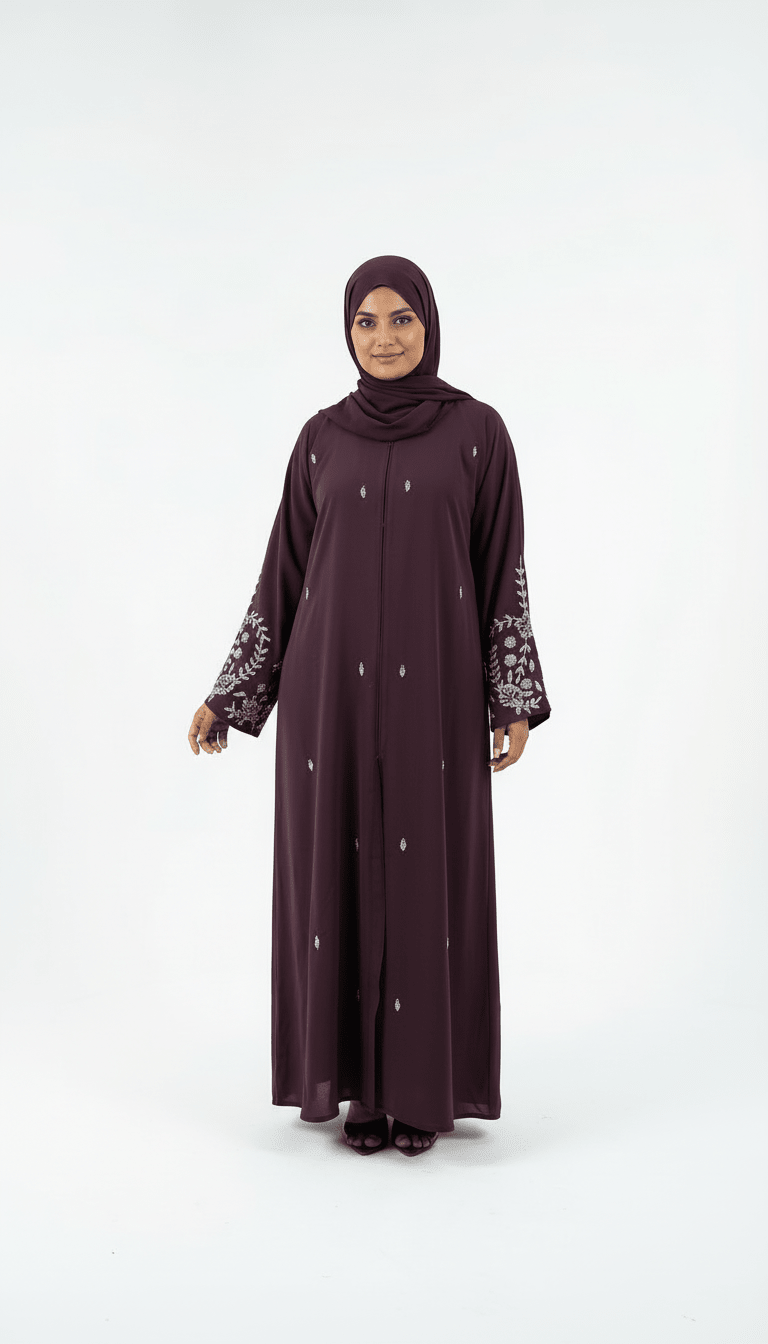 Plum Embroidered Front Open Abaya - Abaya Elegance