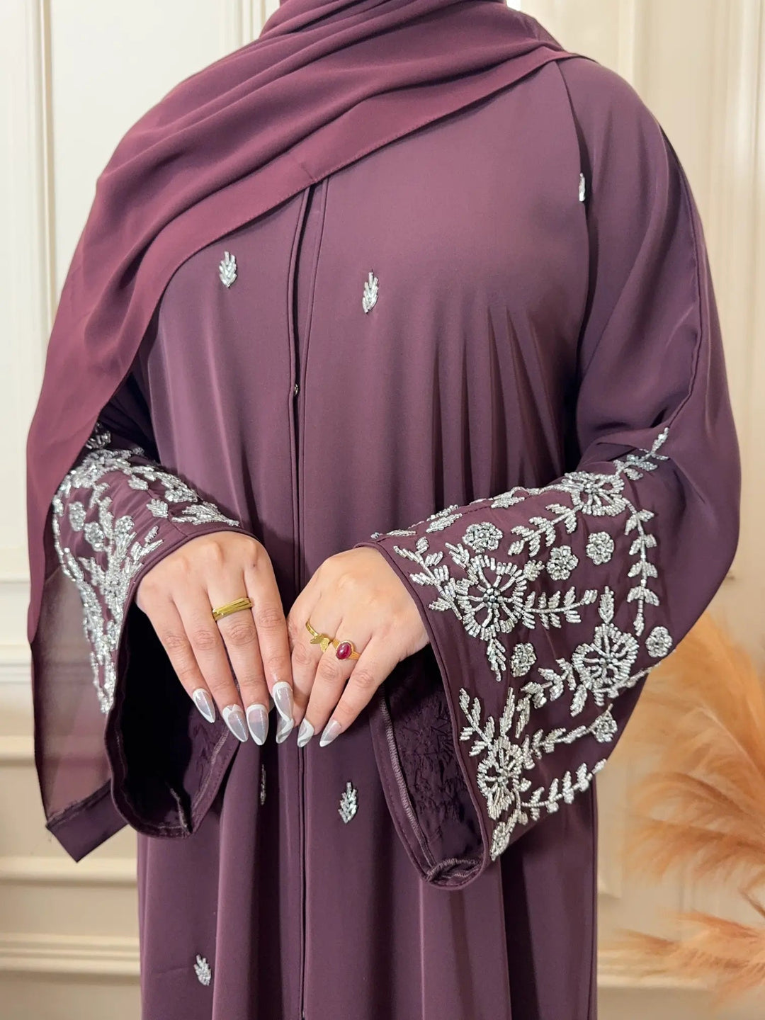 Plum Embroidered Front Open Abaya - Abaya Elegance
