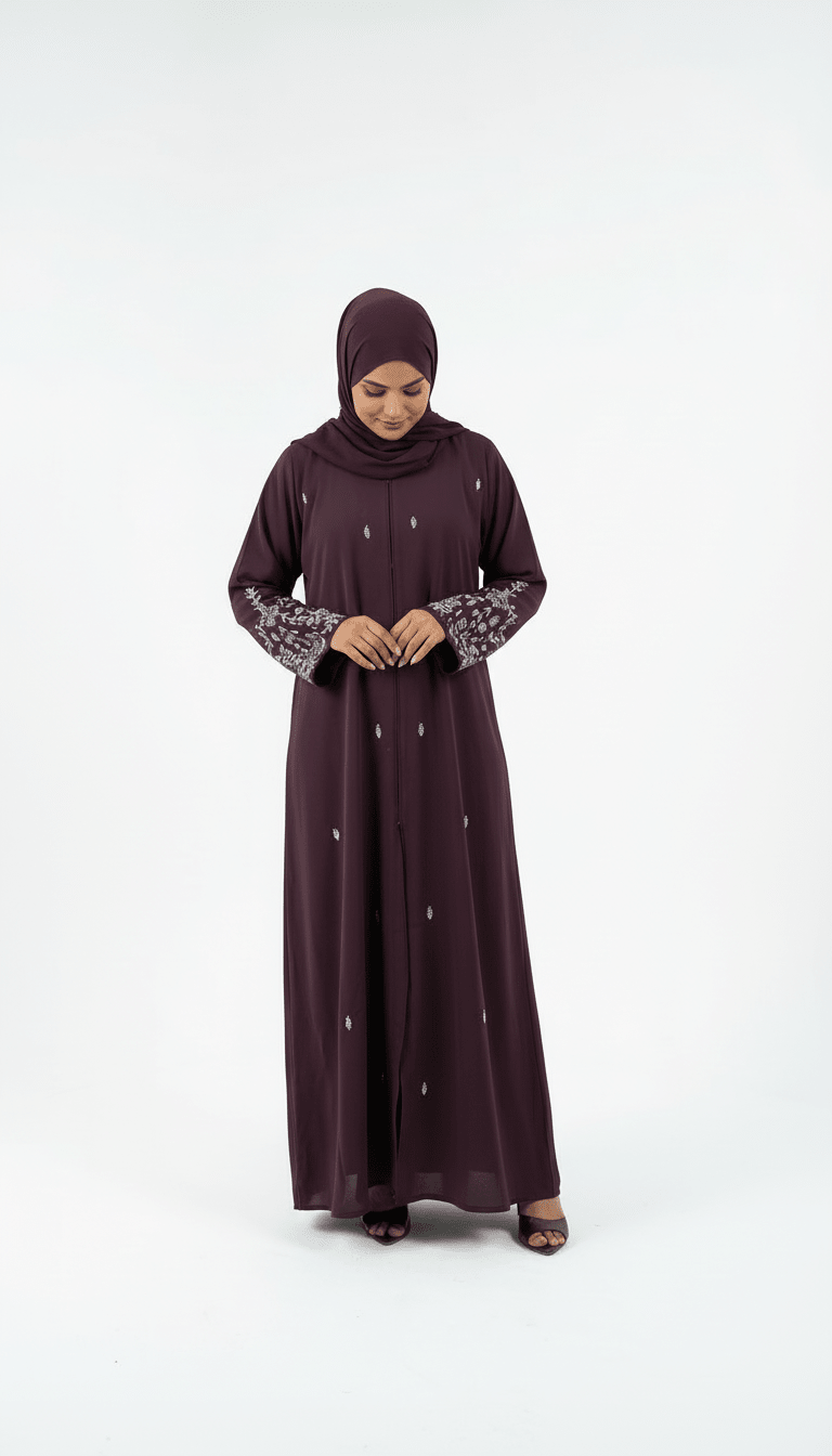 Plum Embroidered Front Open Abaya - Abaya Elegance