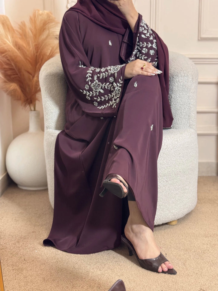 Plum Embroidered Front Open Abaya - Abaya Elegance