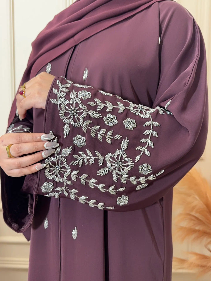 Plum Embroidered Front Open Abaya - Abaya Elegance