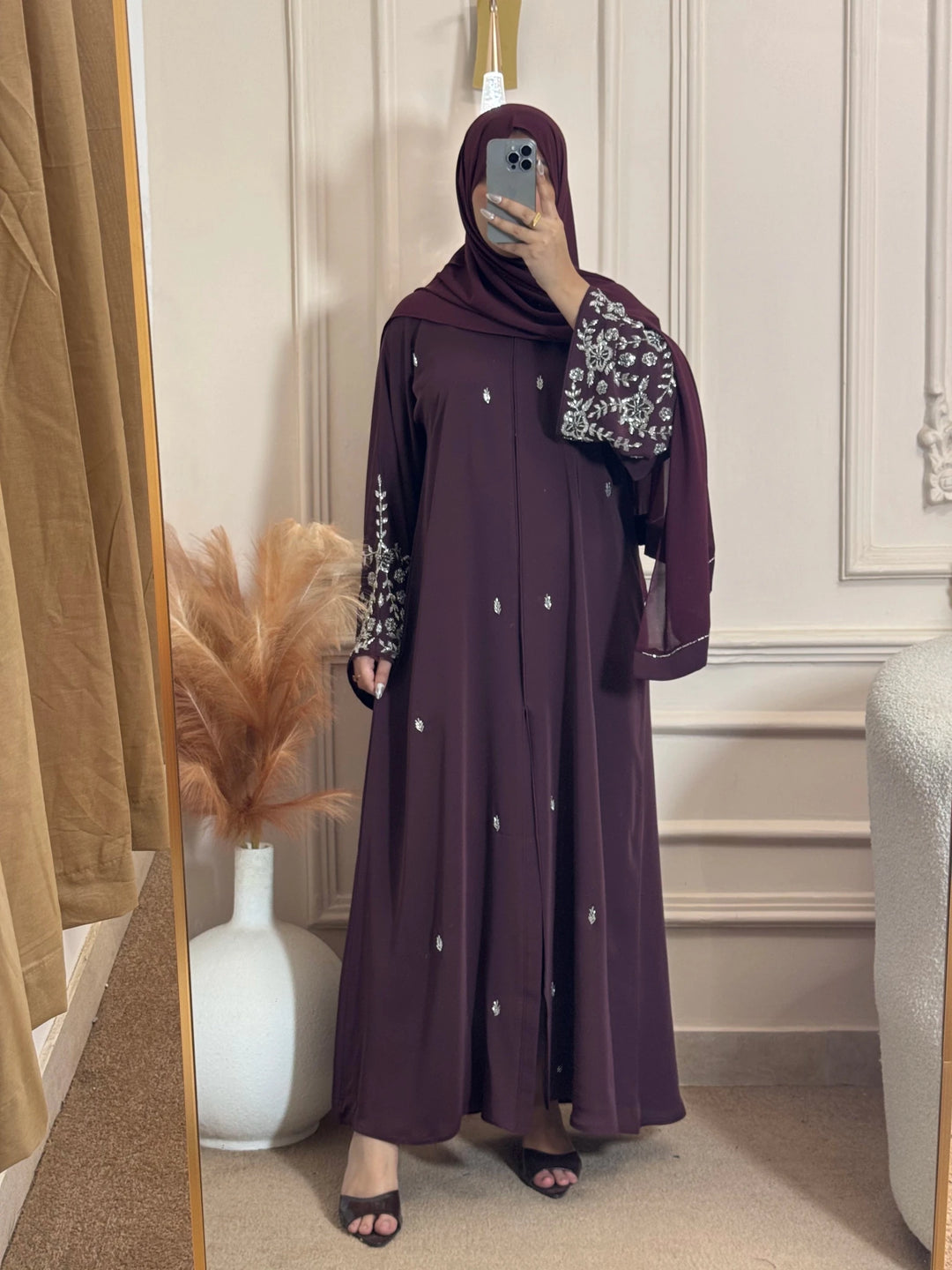 Plum Embroidered Front Open Abaya - Abaya Elegance