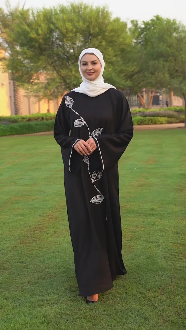 Zoom Abaya with White Crystal Hand Work on the Front and sleeves in Black