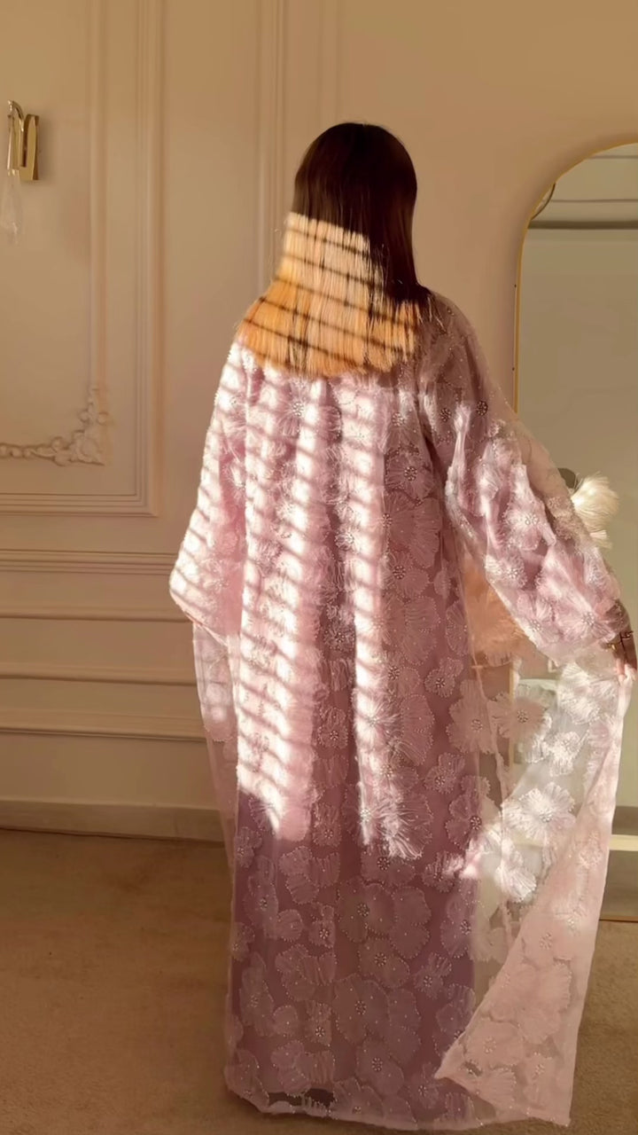 Dusty Rose Pearl Embellished Front Open Abaya - Abaya Elegance