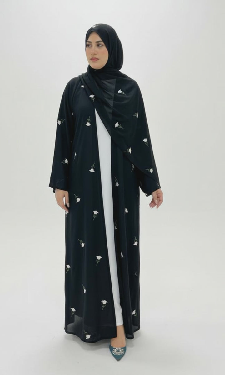 Black Embroidered Abaya Set with White Embroidery