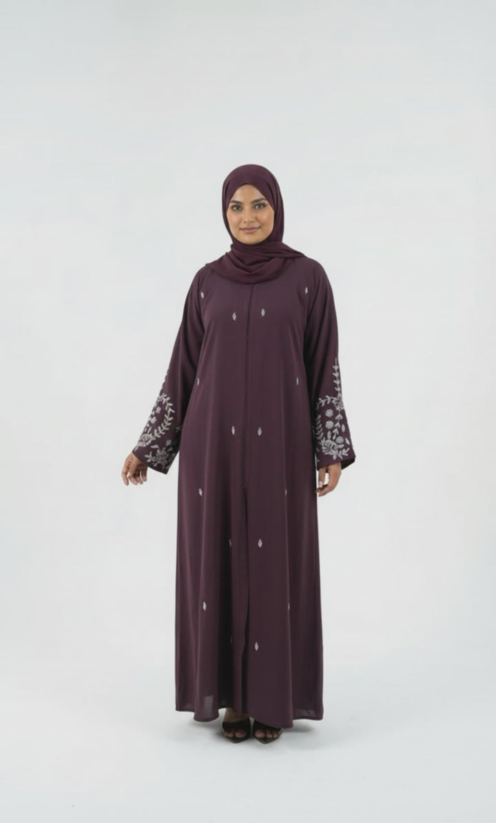 Plum Crystal Hand Work Front Open Abaya