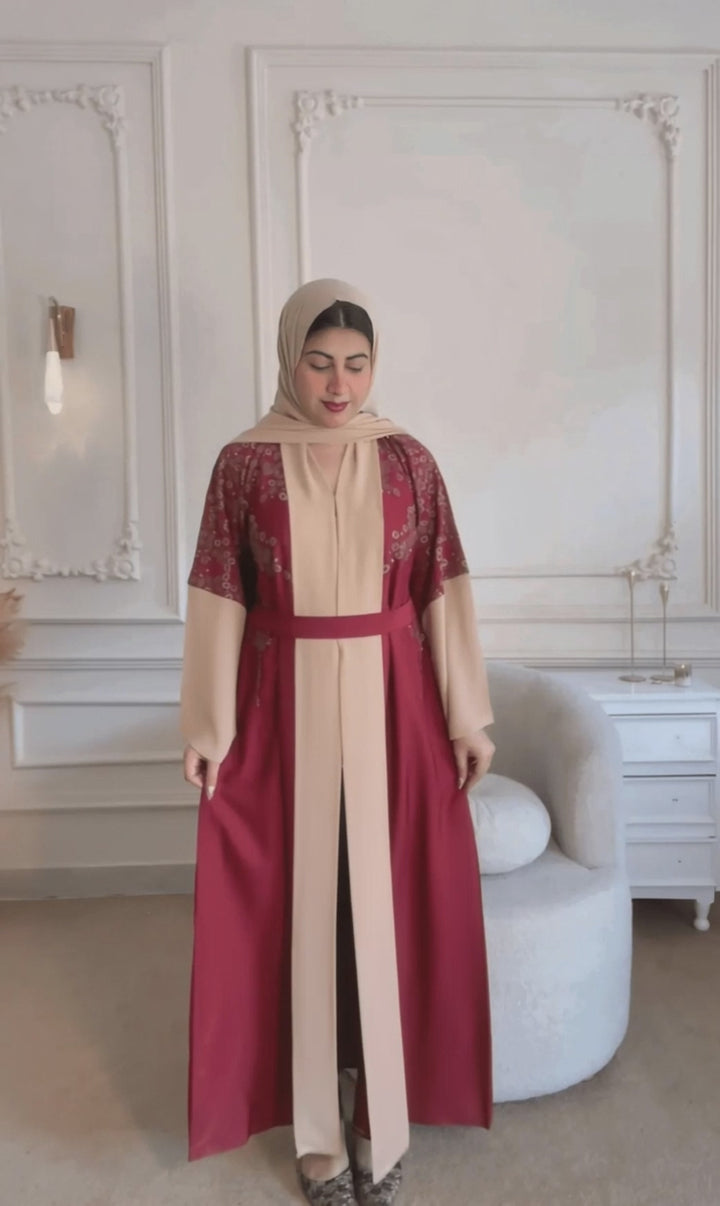 Maroon &amp; Beige Belted Contrast Abaya