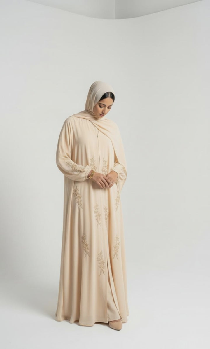 Cream Front-Open Abaya with Gold Embroidery and Inner