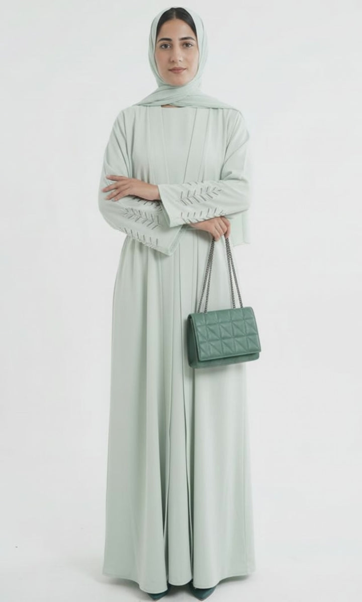 Mint Green Abaya with Embroidered Sleeves
