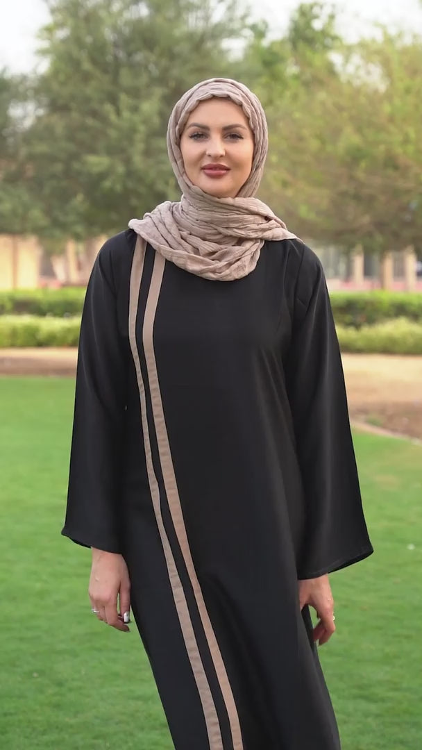 Abaya with Beige Double Bands on the Front in Black